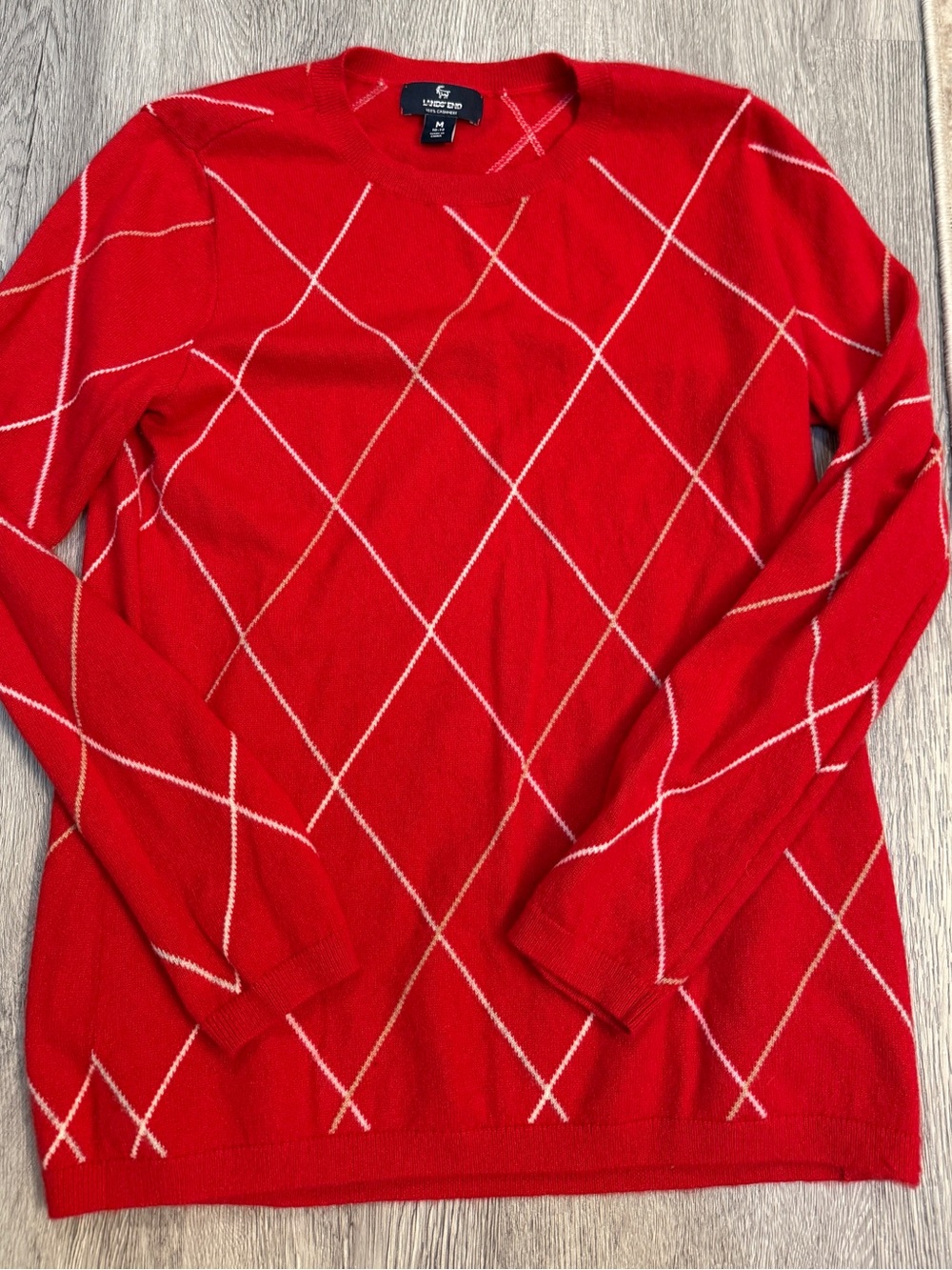 Lands End Sweater Womens Medium 10-12 Cashmere Argyle Red Pullover Crew Neck